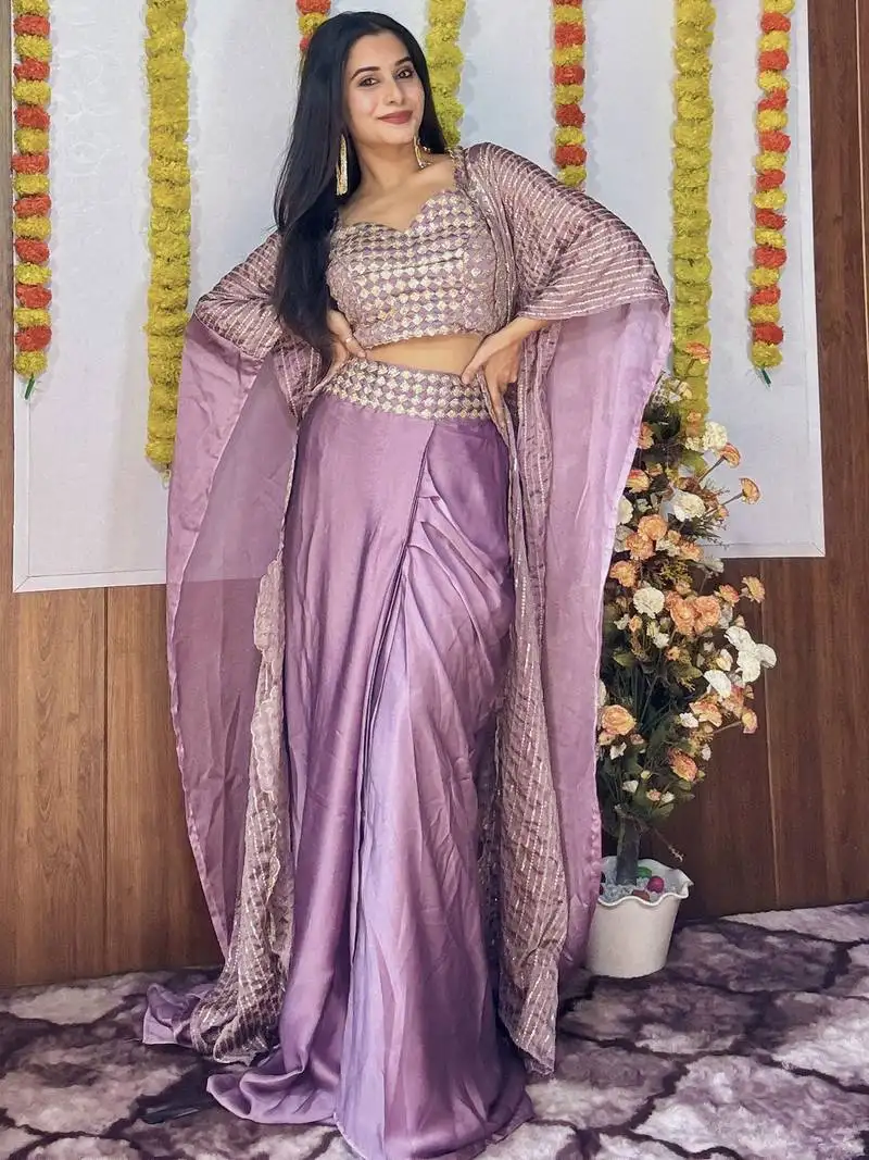 Purple silk party wear skirt choli with stylish shrug