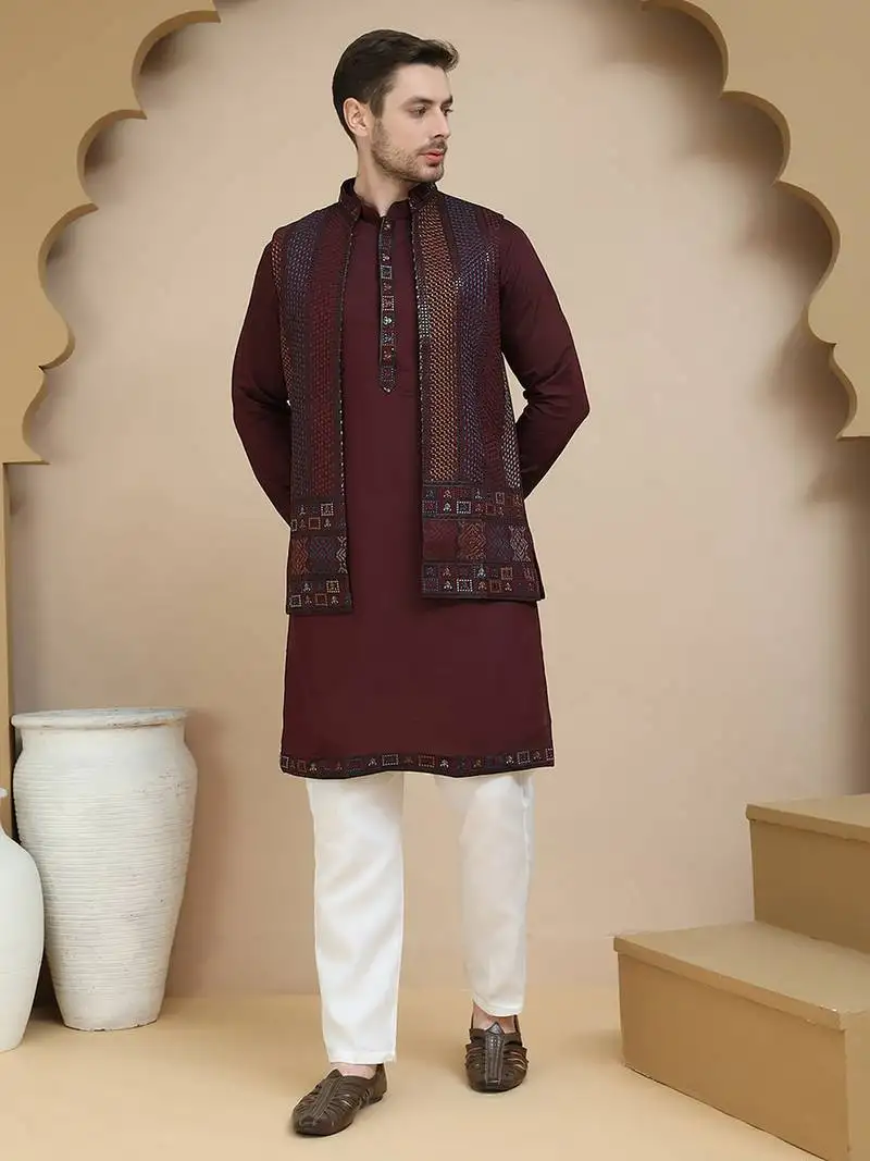 Red embroidered waistcoat and kurta pyjama for men