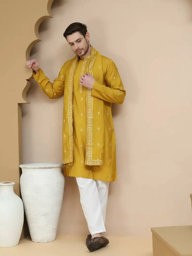 Yellow embroidered & sequin kurta pyjama with dupatta for men