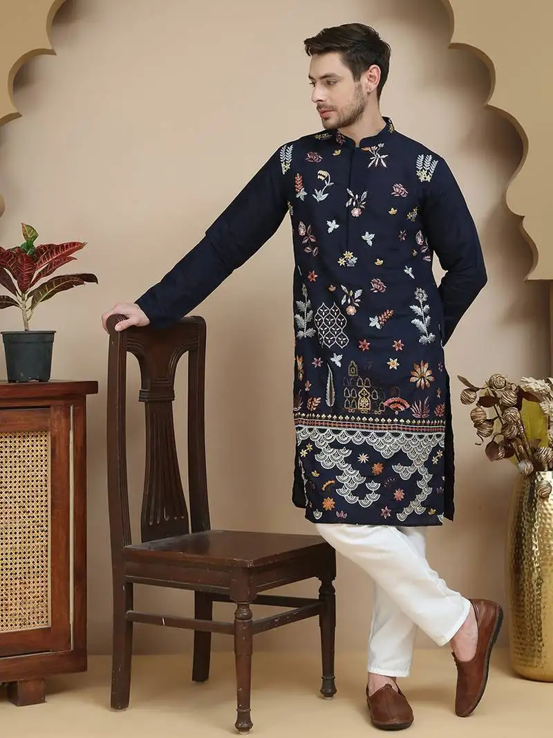 Blue floral embroidered and sequins kurta set for men