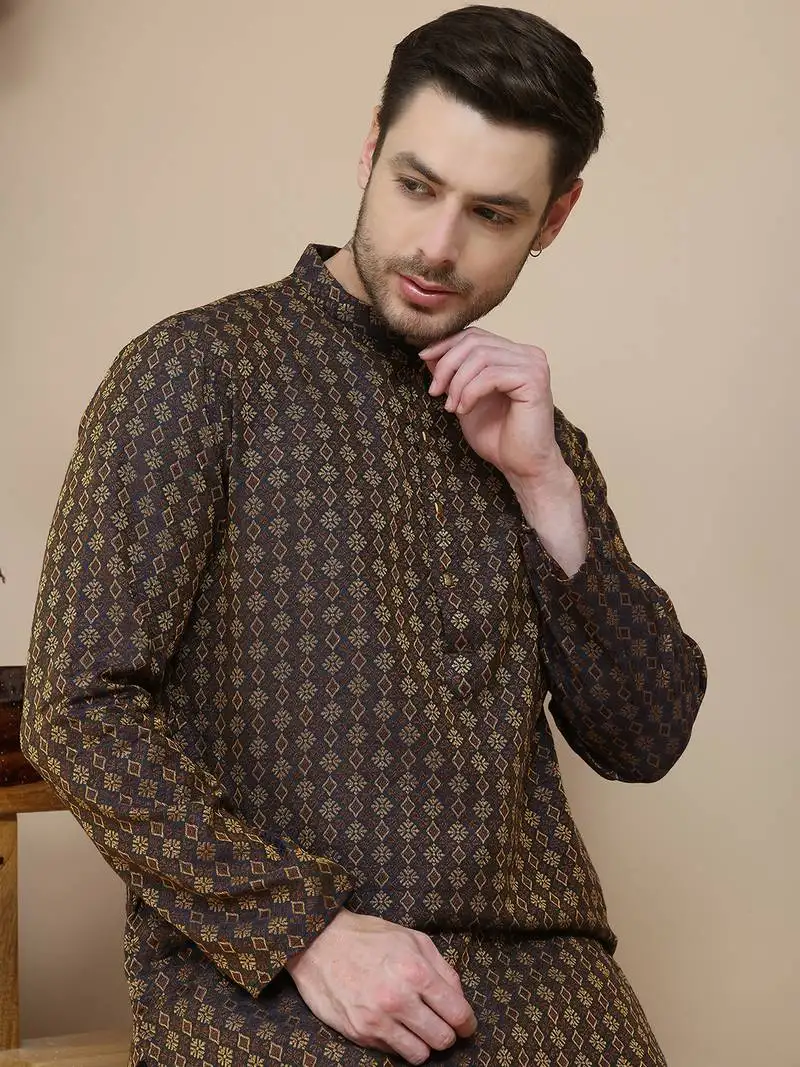 Brown jacquard silk straight kurta pyjama set for men