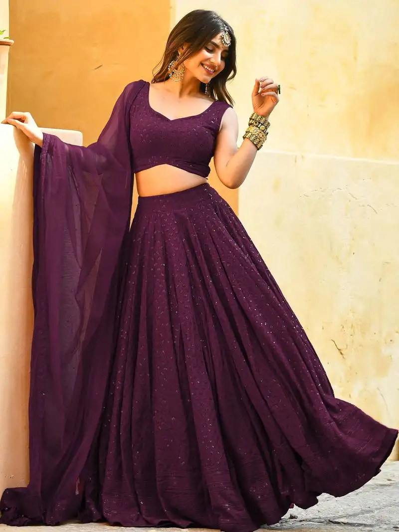 Wine sequins georgette wedding lehenga choli with dupatta
