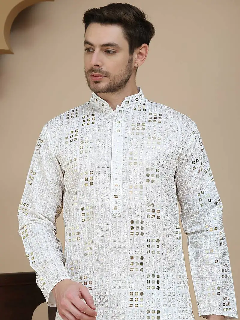 White embroidered & sequins kurta pyjama for men