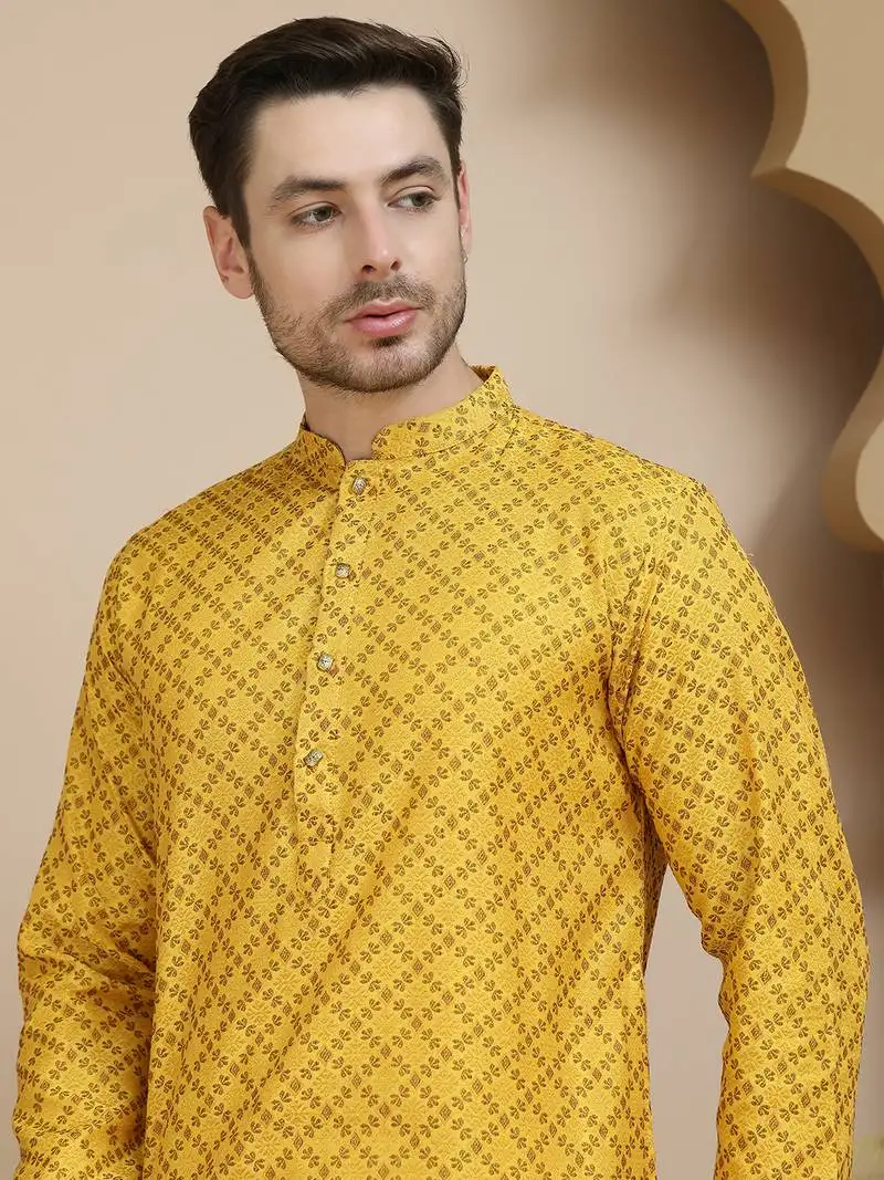 Yellow jacquard silk straight kurta pyjama set for men