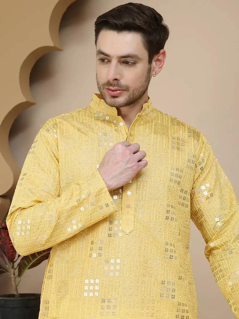 Yellow embroidered & sequins kurta pyjama for men