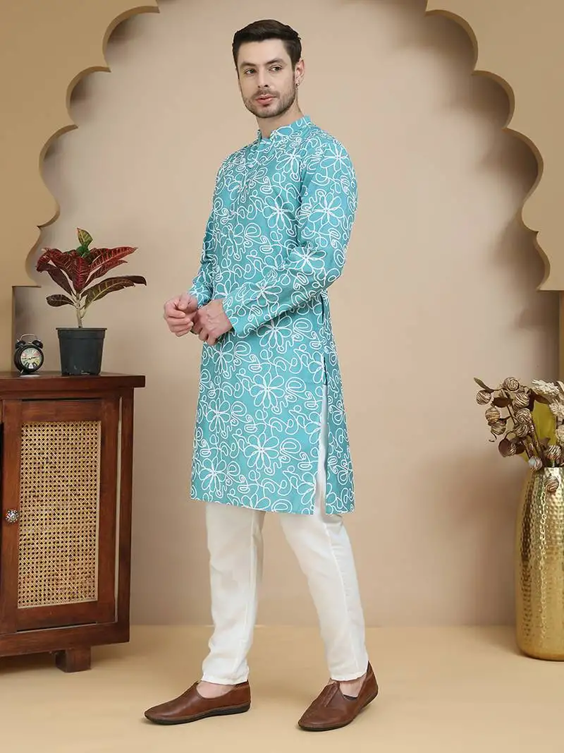 Blue floral printed kurta pyjama for men for men