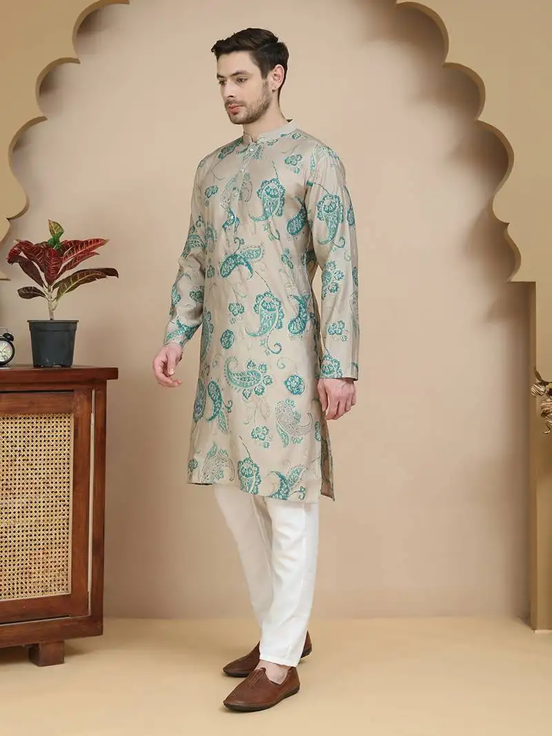 Beige stylish beige kurta set with artistic teal paisley print for men