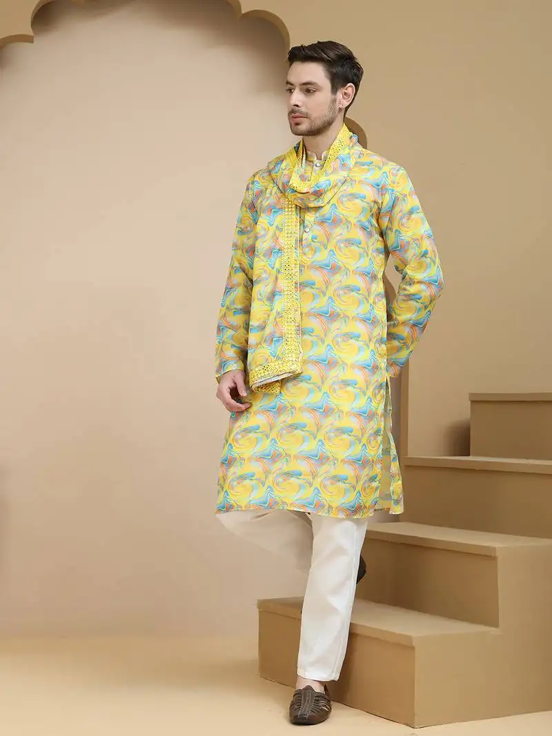 Yellow abstract printed kurta pyjama with matching dupatta for men