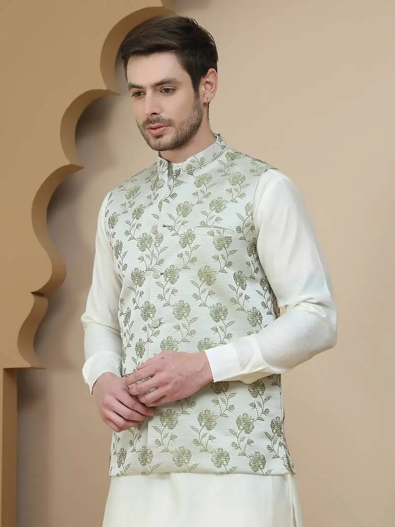 Green embossed nehru jacket with solid kurta set for men