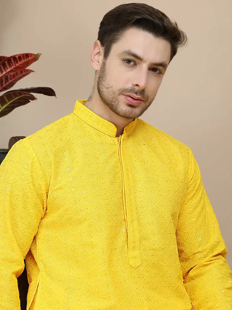 Yellow embroidered cotton kurta with pyjama for men