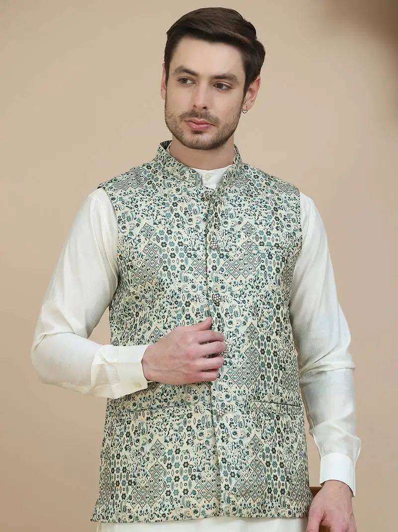 Blue woven design nehru jacket with solid kurta set for men