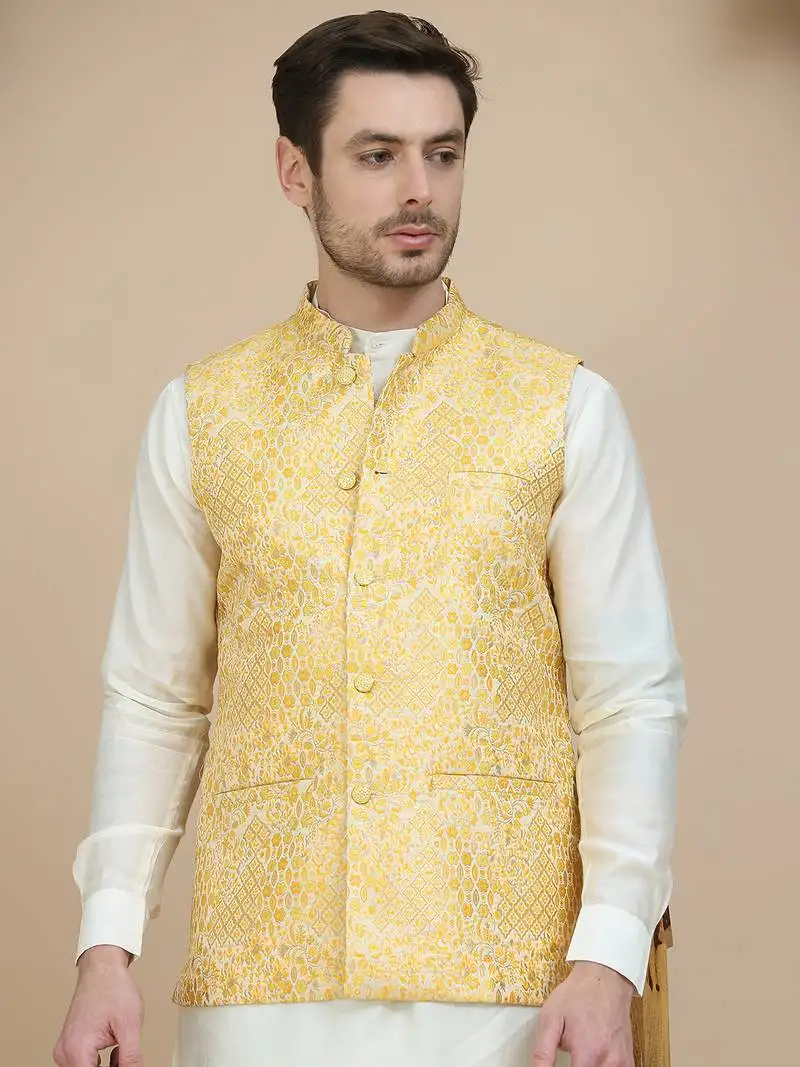 Yellow woven design nehru jacket with solid kurta set for men