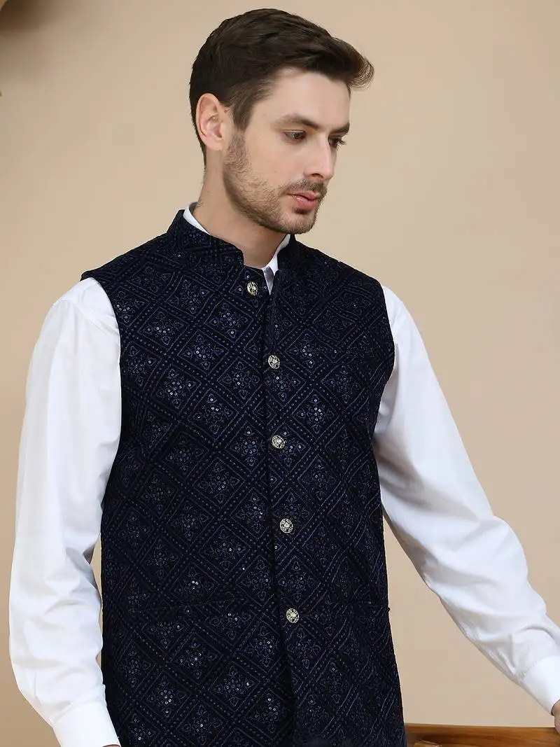 Blue sequins velvet nehru jacket for men
