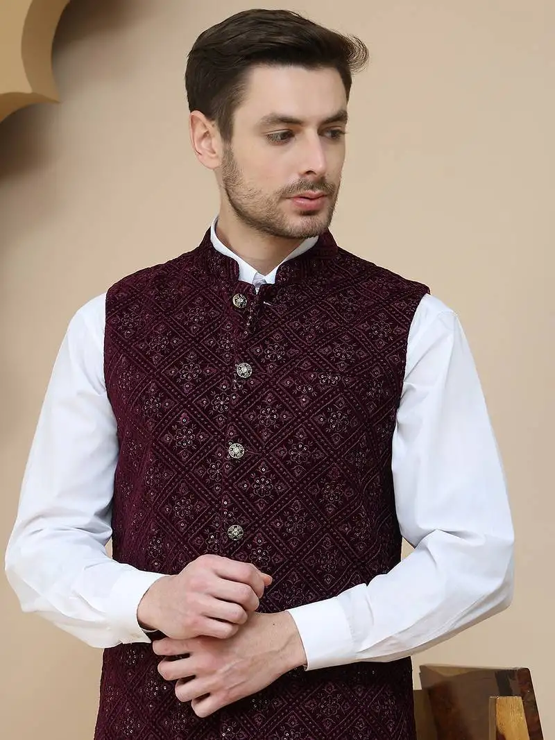 Purple sequins velvet nehru jacket for men
