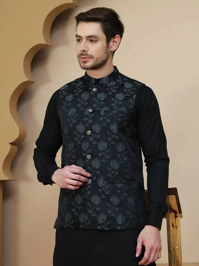 Grey embossed nehru jacket for men