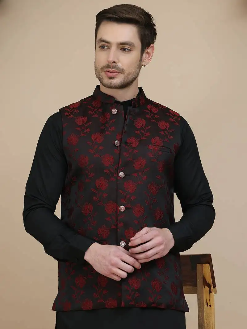 Black embossed nehru jacket for men