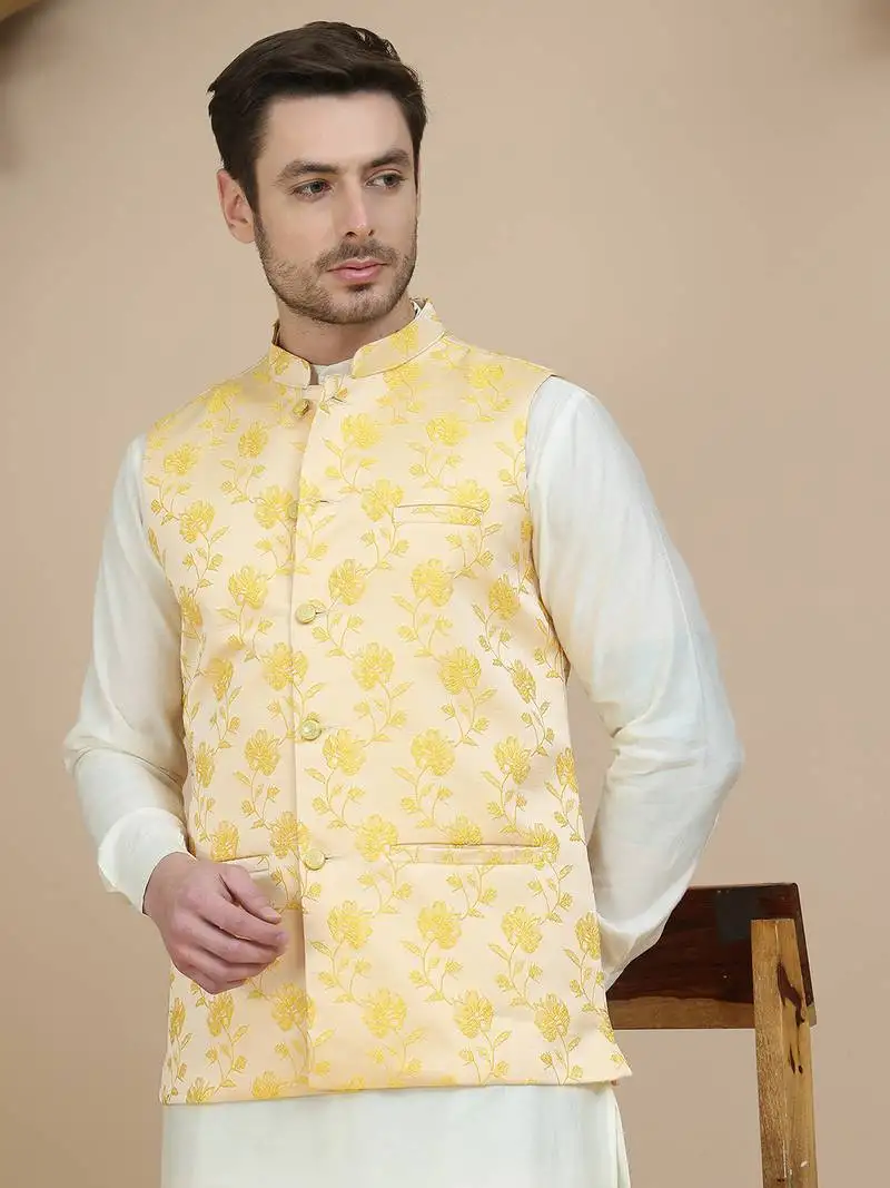 Yellow embossed nehru jacket for men