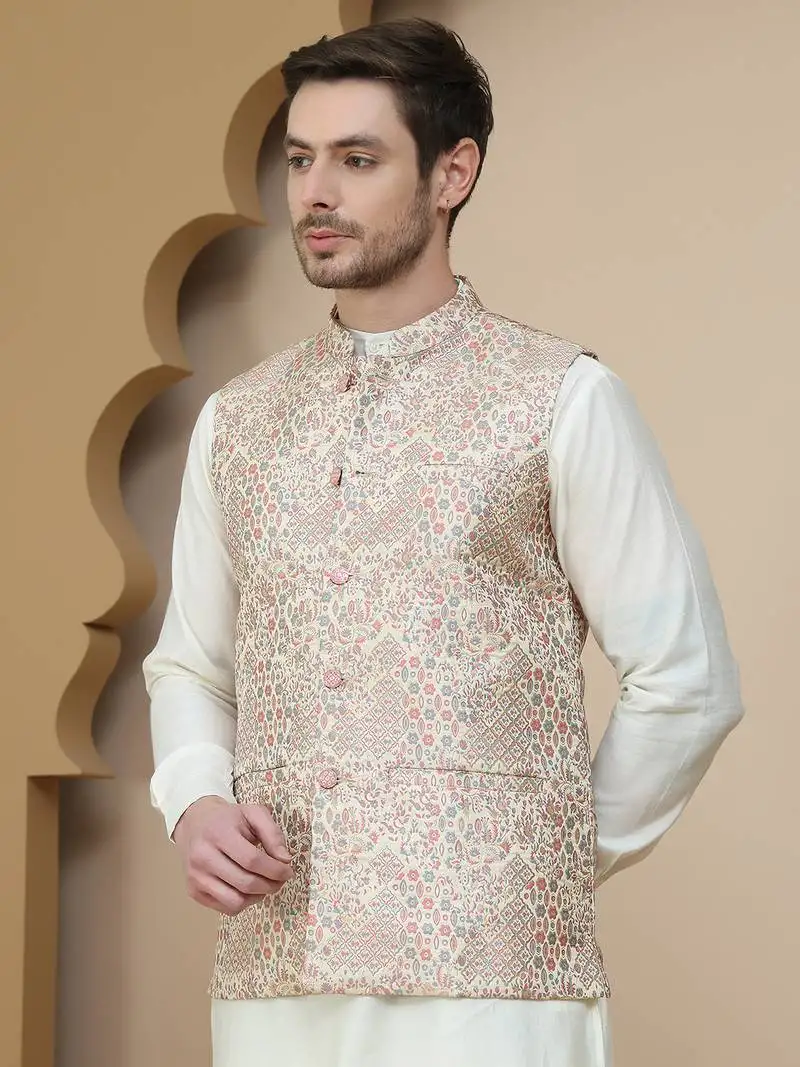 Gold woven design nehru jacket for men