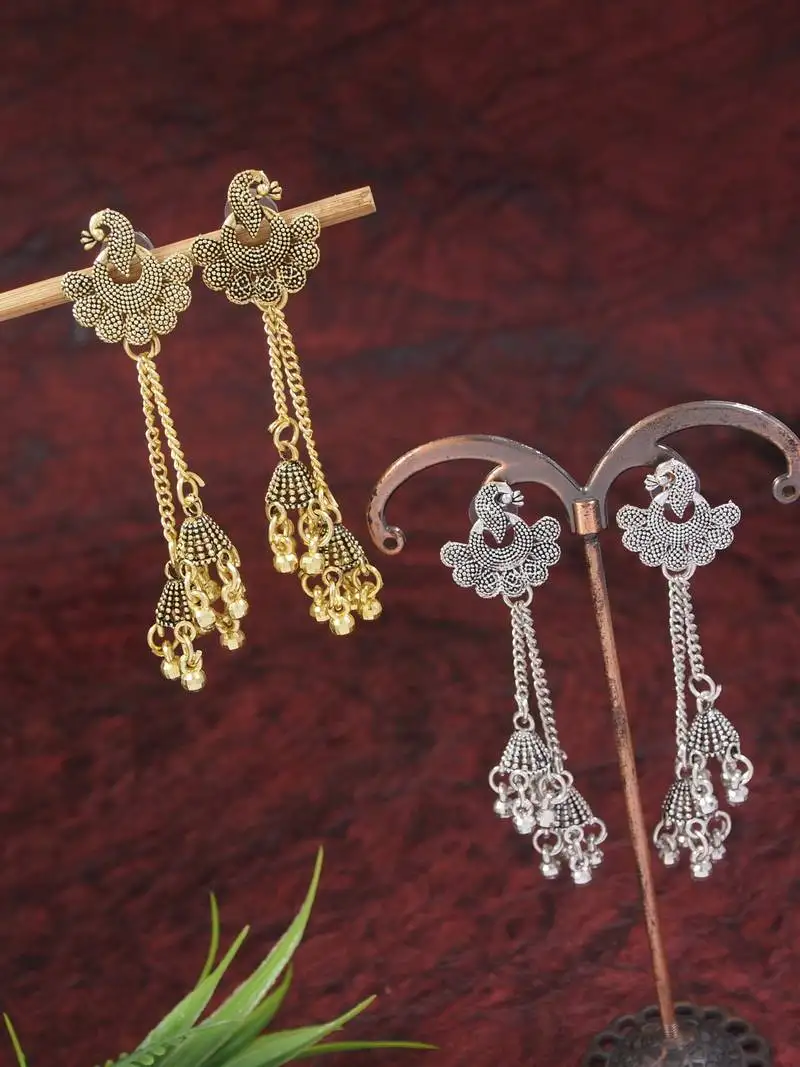 I jewels traditional lightweight peacock design ghungroo earrings combo