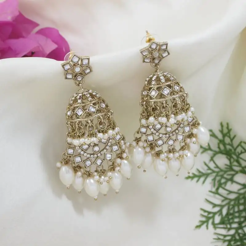 I jewels gold plated traditional handcrafted kundan & pearl dangle jhumka earrings for women