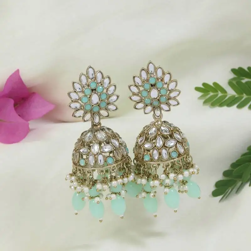 I jewels gold plated traditional handcrafted kundan & pearl jhumka earrings for women