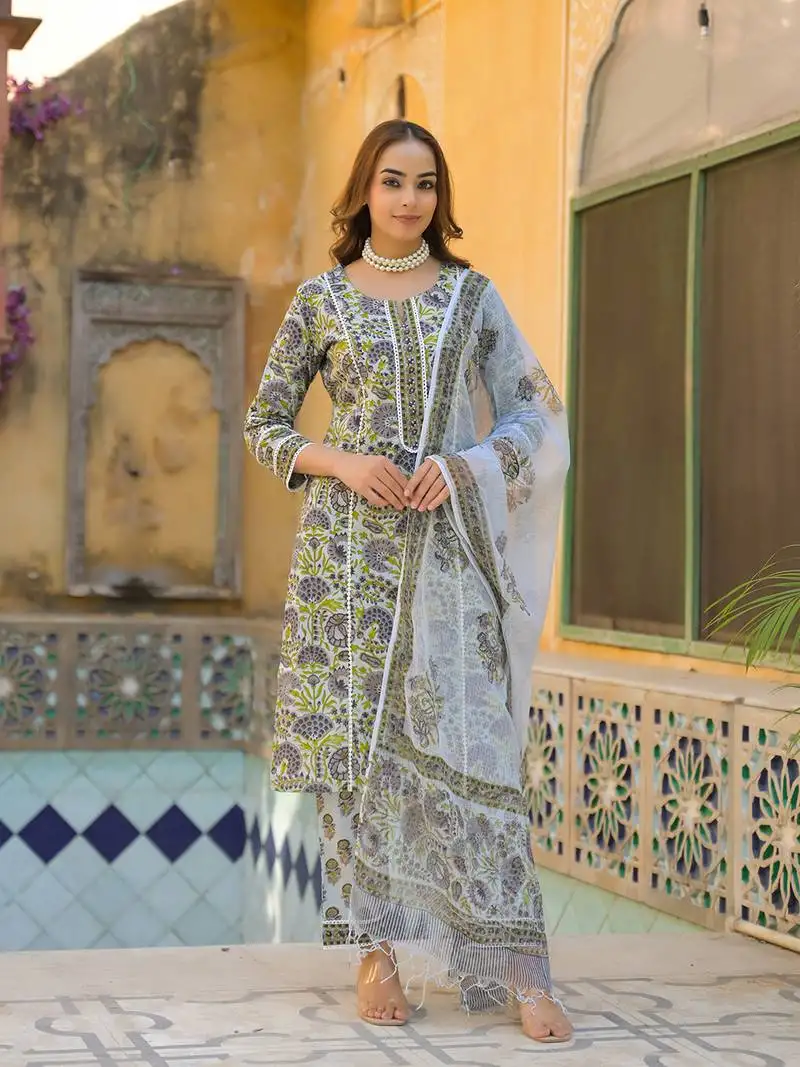 Divena sea green cotton block print kurta pant with dupatta stitched