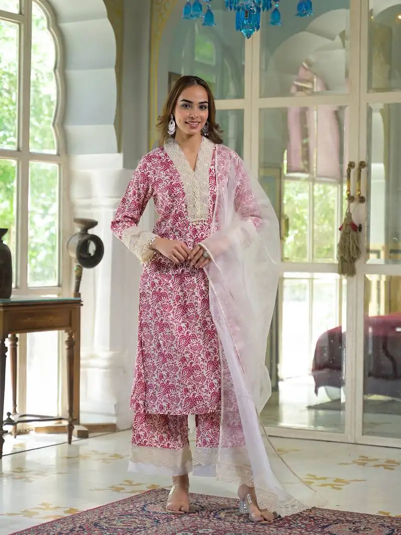 Divena cream & pink rayon ethnic print kurta pant with dupatta stitched