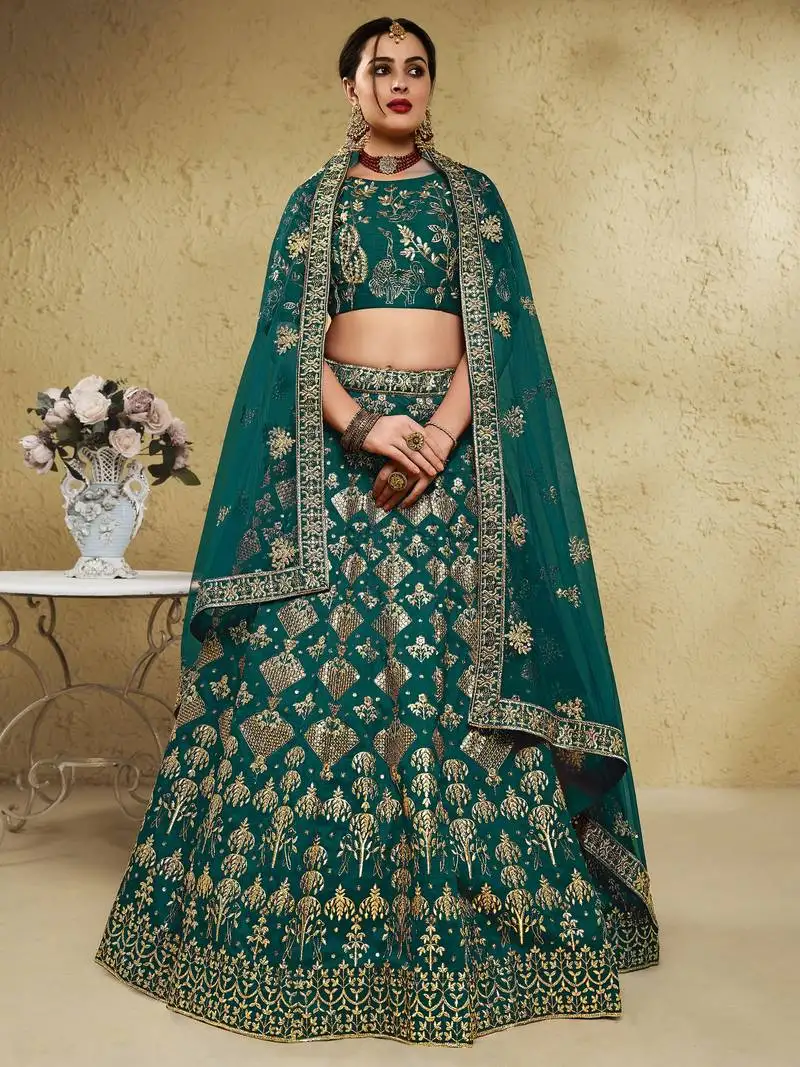 Green thread embroidered silk lehenga choli with dupatta