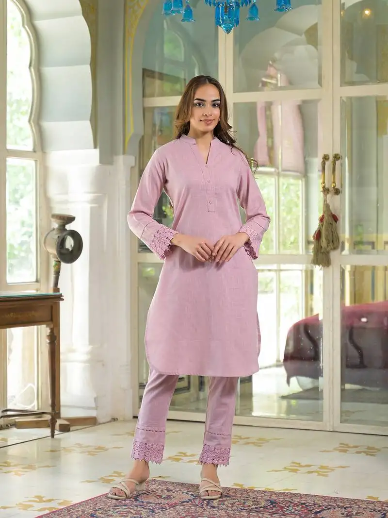 Divena pink solid cotton straight fit lace border kurta with trouser stitched