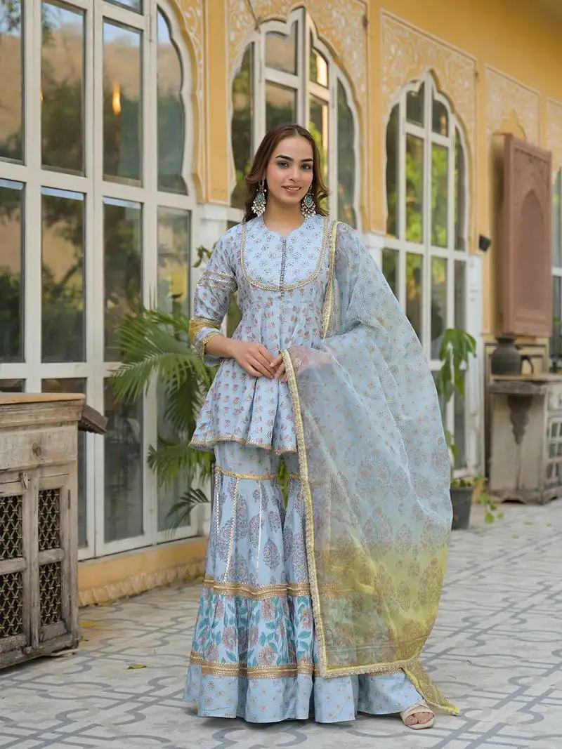 Divena sky blue muslin kurti sharara with dupatta stitched