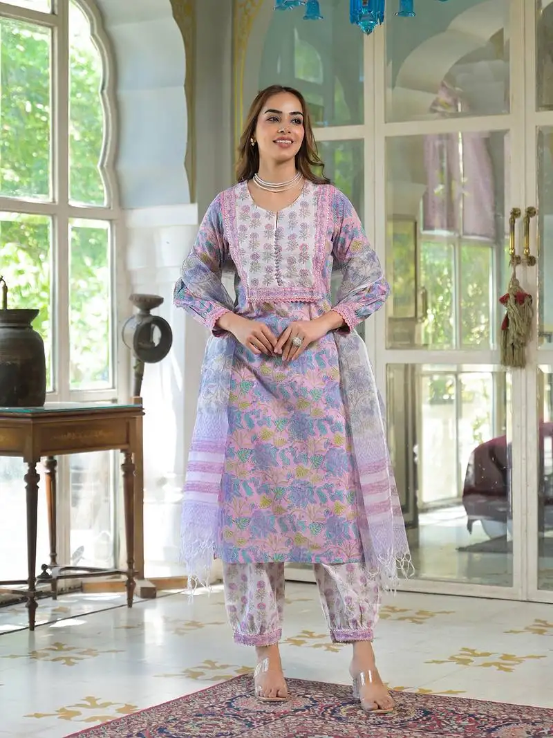 Divena pink cotton block print straight kurta pant with dupatta stitched