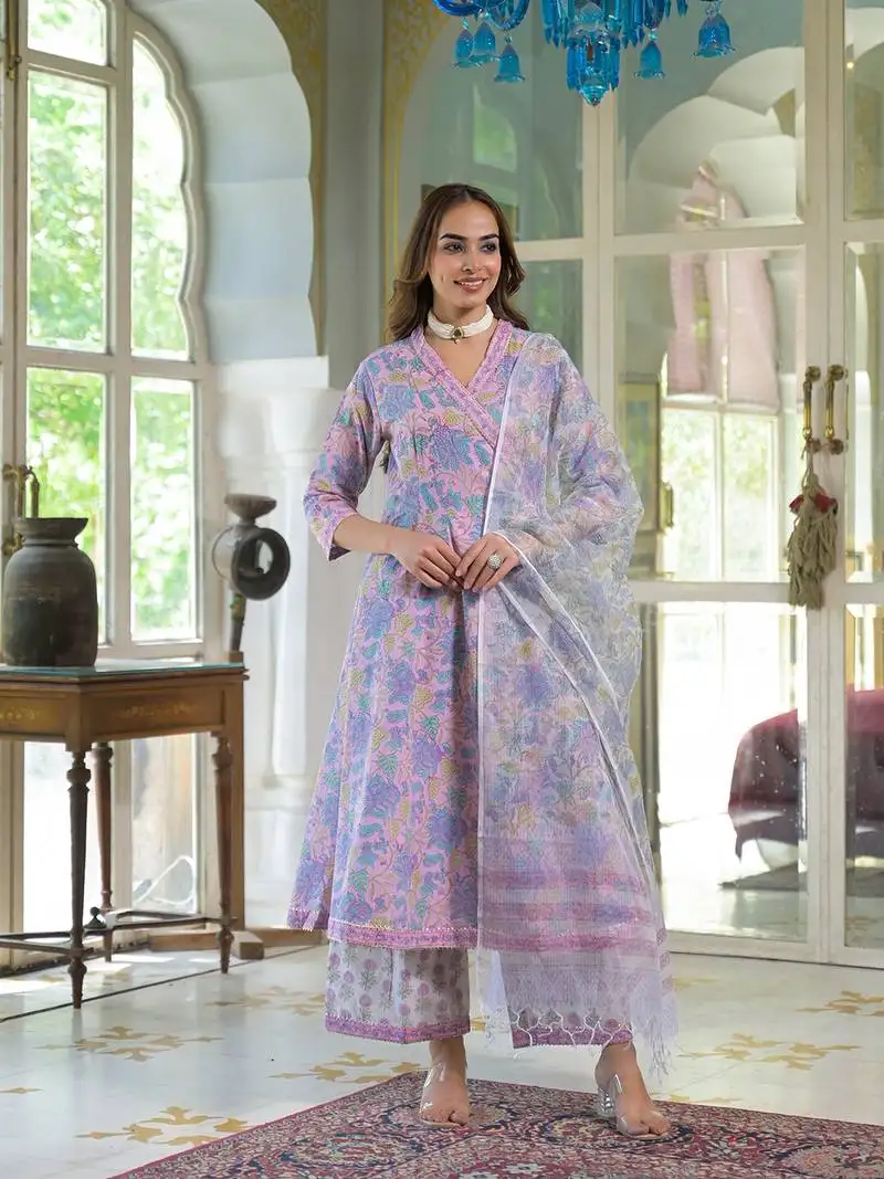 Divena pink cotton block print angarakha kurta pant with dupatta stitched