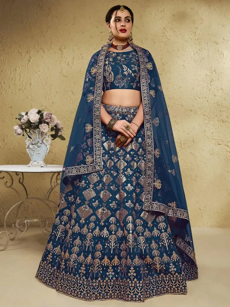 Blue sequins silk wedding wear lehenga choli