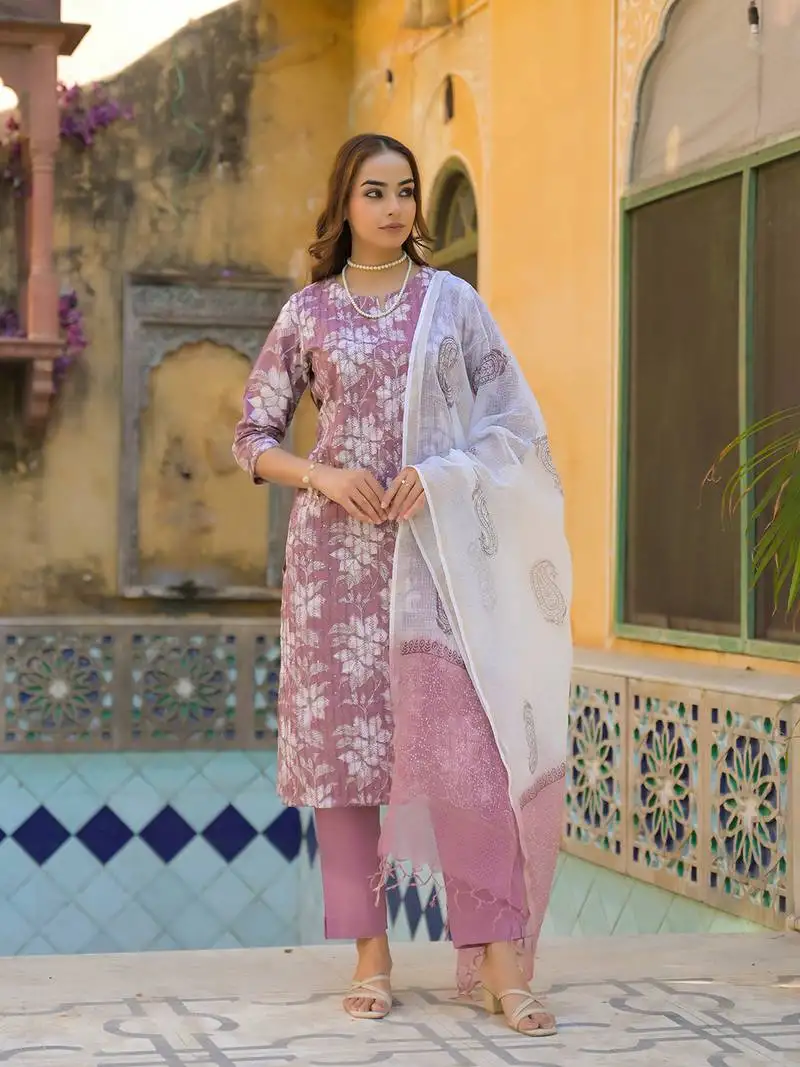 Divena peach floral print cotton straight kurta pant with dupatta stitched