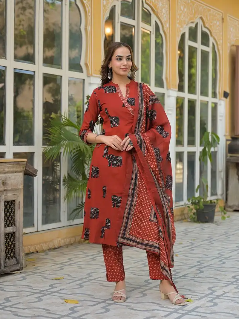 Divena red animal print cotton a-line kurta pant with dupatta stitched