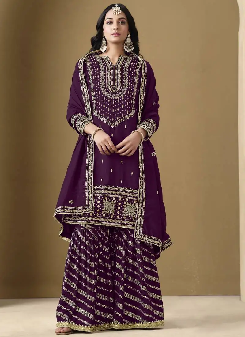 Wine art silk embroidered designer sharara suit stitched