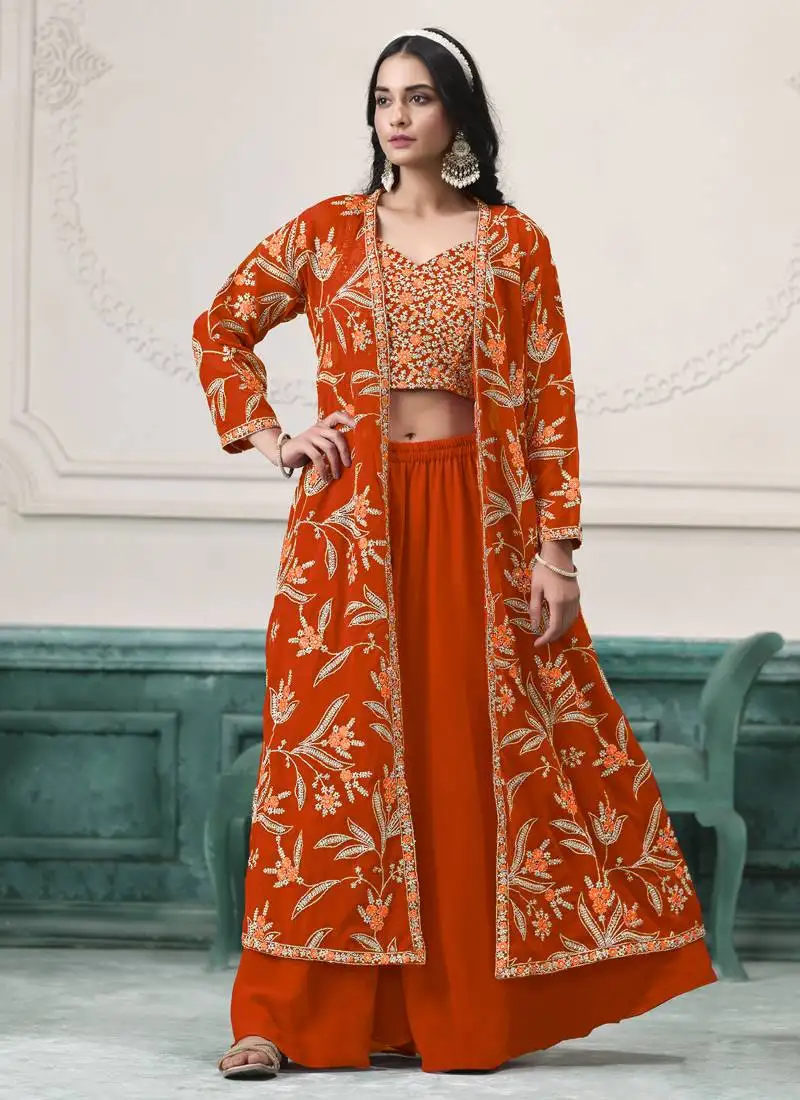 Orange faux georgette embroidered western palazzo suit stitched