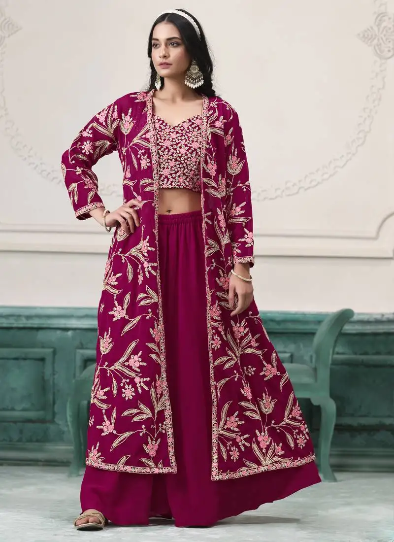 Wine faux georgette embroidered western palazzo suit stitched
