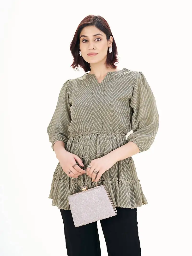 Grey self-textured puff sleeve empire top with layered detail