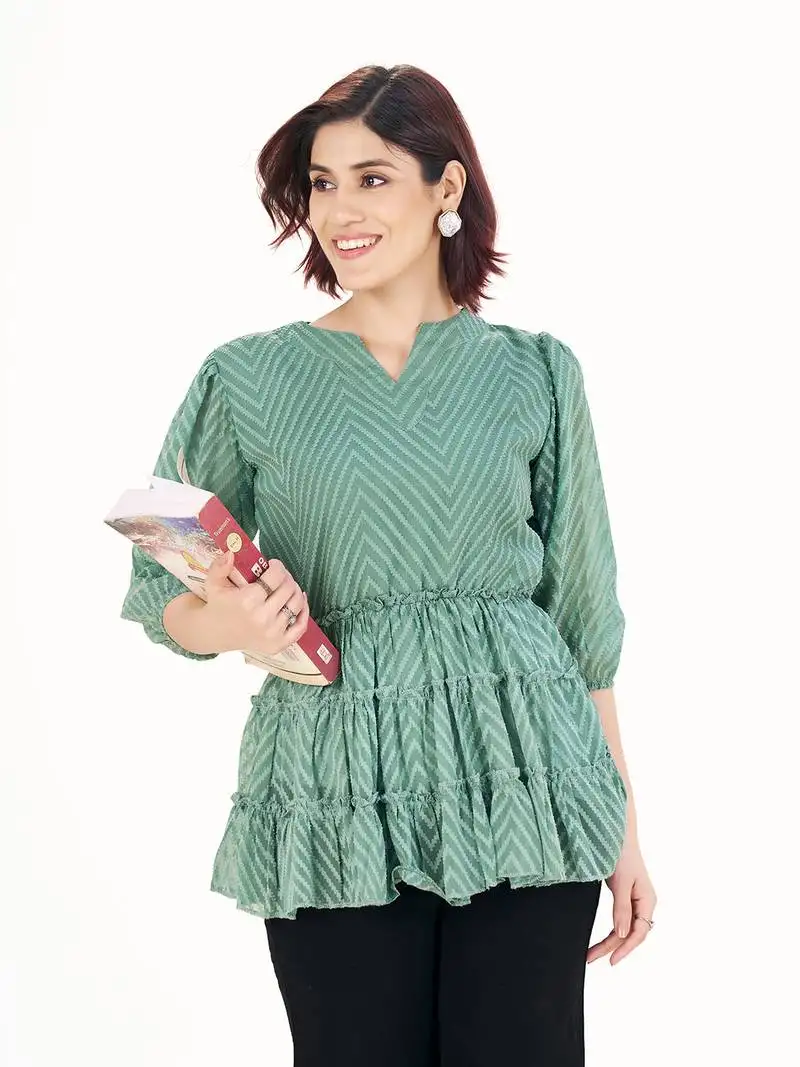 Green self-textured puff sleeve empire top with layered detail
