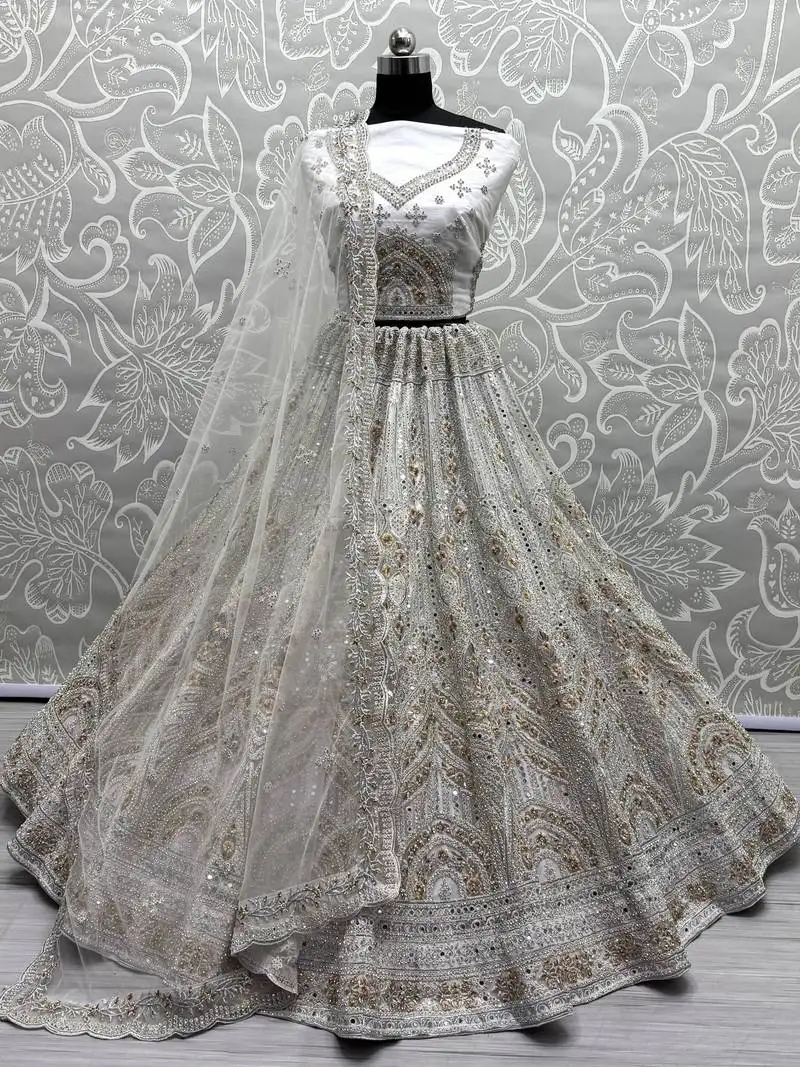 Off-white mirror work net bridesmaid lehenga choli