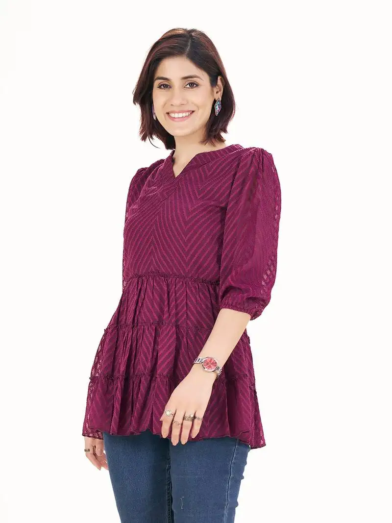 Wine self-textured puff sleeve empire top with layered detail