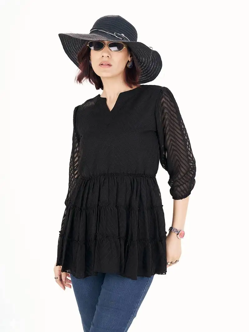 Black self-textured puff sleeve empire top with layered detail