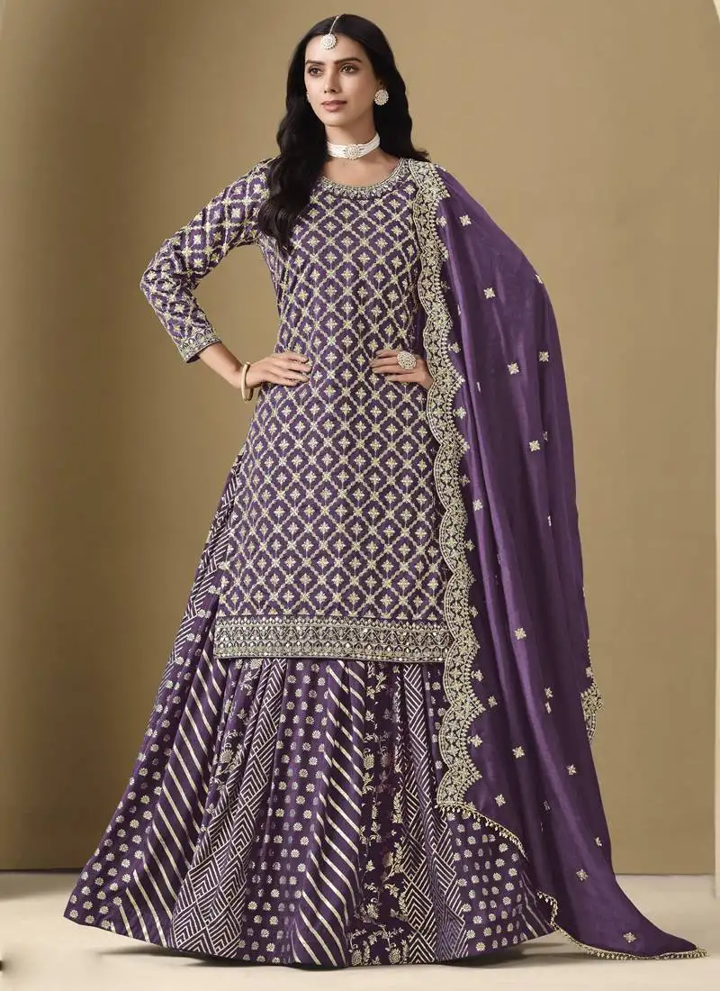 Purple art silk embroidered straight suits suit stitched