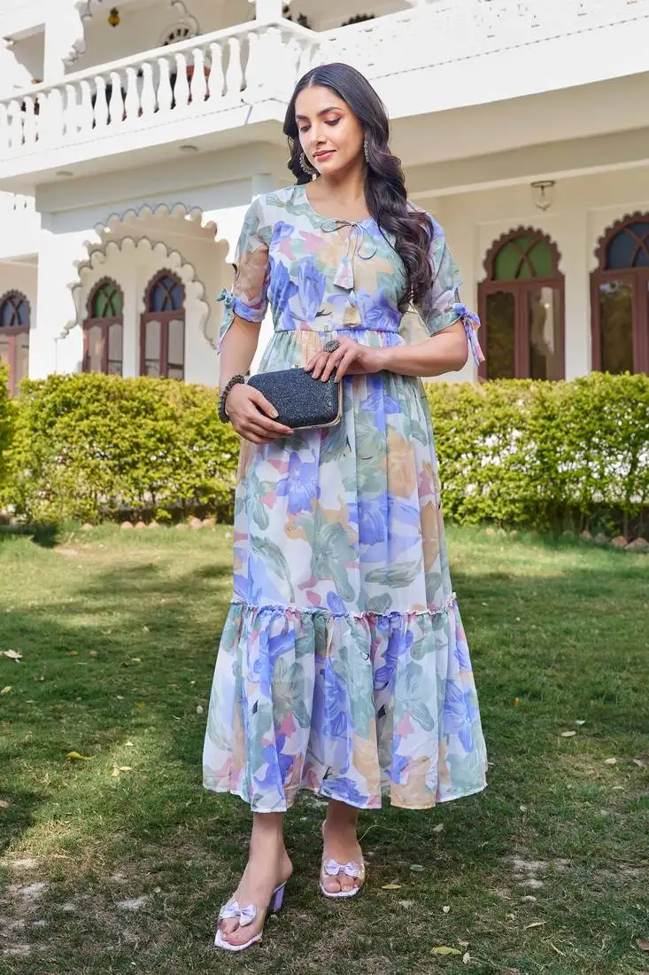 Blue floral printed flared georgette long dress
