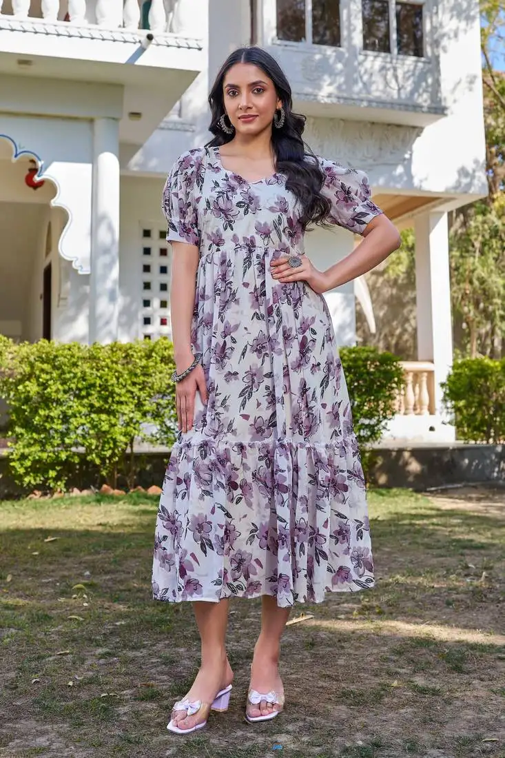 White and purple floral printed flared georgette long dress