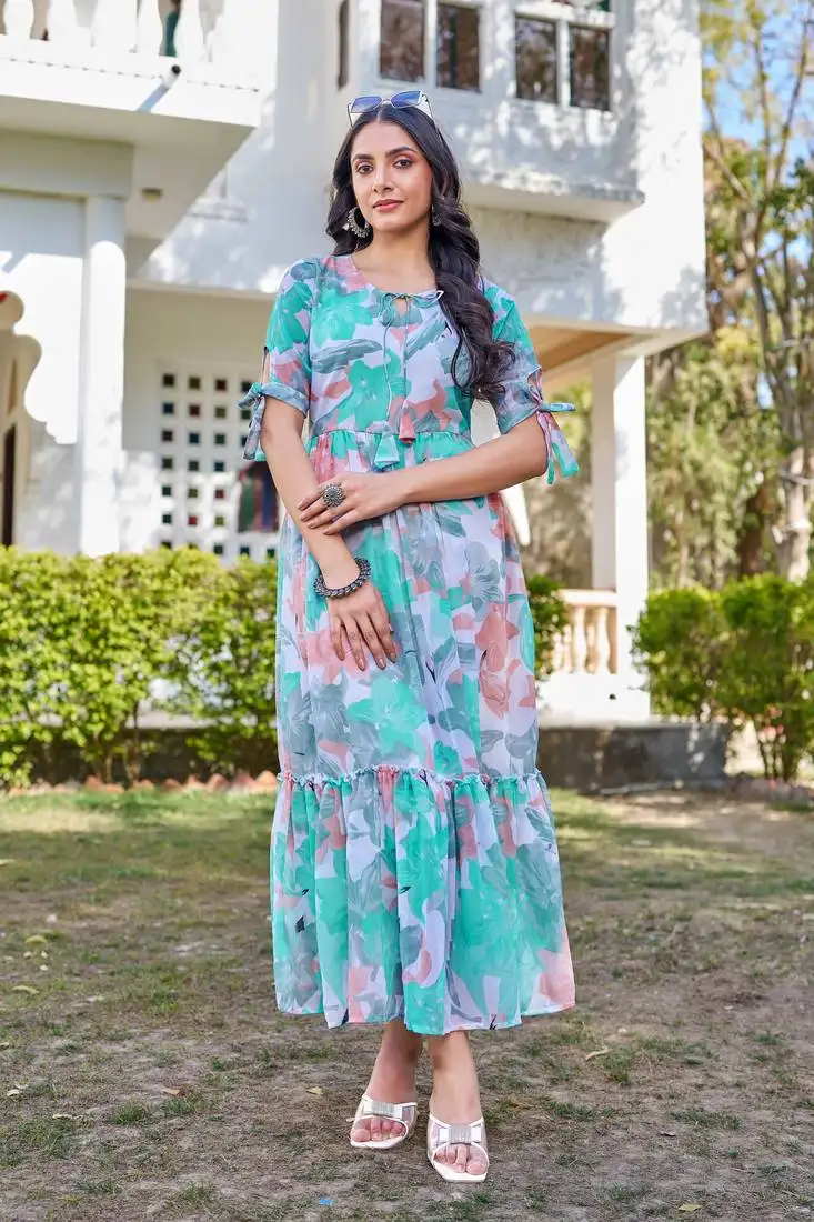 Green floral printed flared georgette long dress