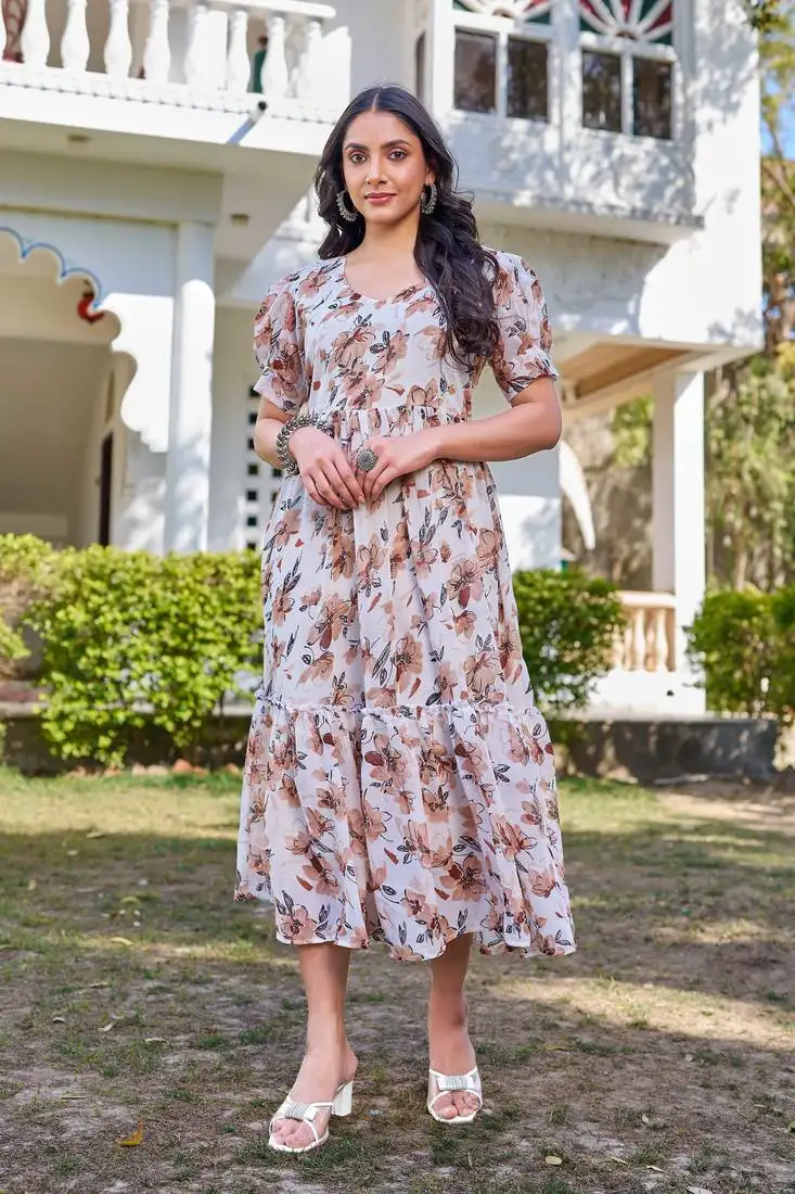 White and brown floral printed flared georgette long dress