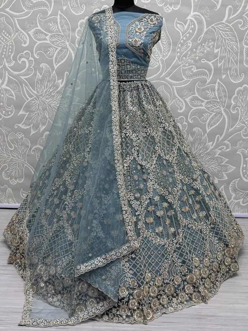 Blue thread work net bridesmaid lehenga choli with dupatta