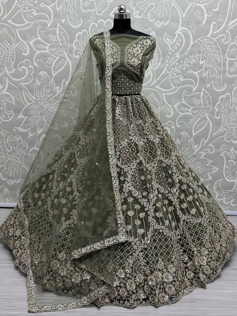 Green dori work net bridesmaid lehenga choli with dupatta
